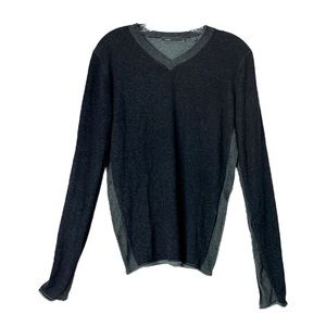 Vince Men's  V-Neck Sweater Blue Side Ribbed Panels Long Sleeve Pullover